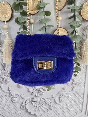 Cobalt Blue Faux Fur Mini Crossbody Bag with Gold Chain Strap